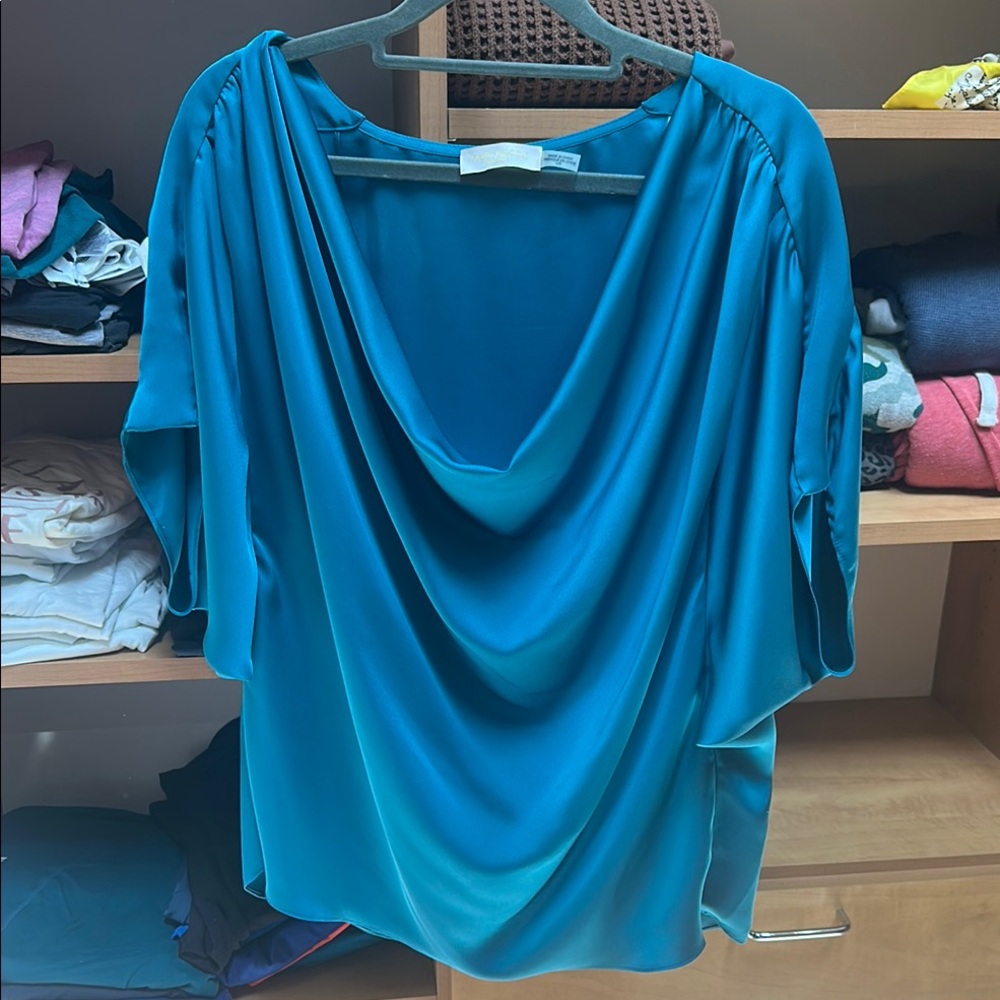 Ramy Brook Elegant Teal Draped Short Sleeve Blouse
